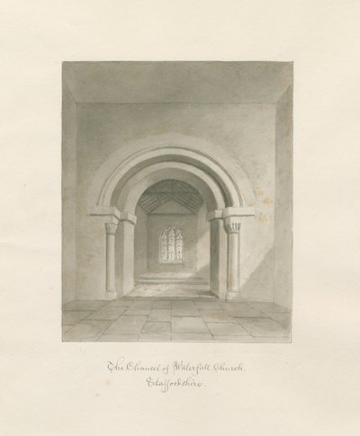 Vandfaldskirken - Kancellets indre: sepia-tegning, 1847 af John Buckler