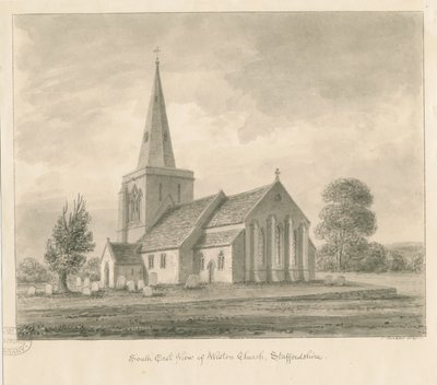 Weston-on-Trent Church: sepia-tegning, 1841 af John Buckler