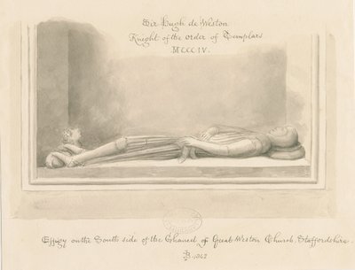 Weston-under-Lizard Church - Billede af Sir Hugh de Weston: sepia-tegning, 1842 af John Buckler