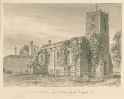 Weston-under-Lizard Church: sepia vask tegning af John Buckler