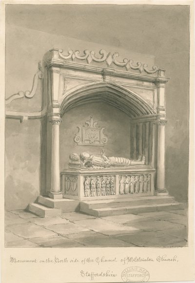 Wolstanton Church - Monument: sepia vask tegning af John Buckler