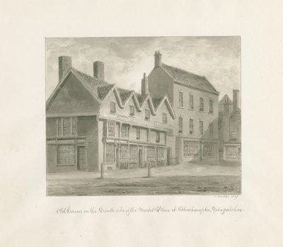 Wolverhampton - Old Houses on the South side of the Market Place: sepia drawing, 1847dani af John Buckler