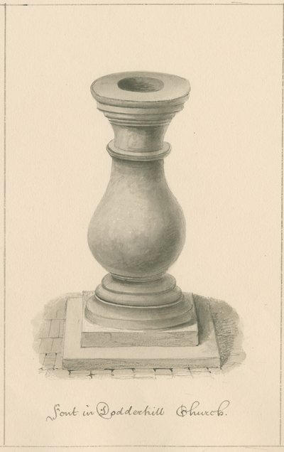 Worcestershire - Droitwich - Dodderhill Church Font: sepia-tegning, 1833 af John Buckler