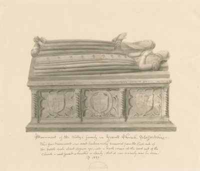 Yoxall Church - Monument over Wellys familie: sepia tegning af John Buckler