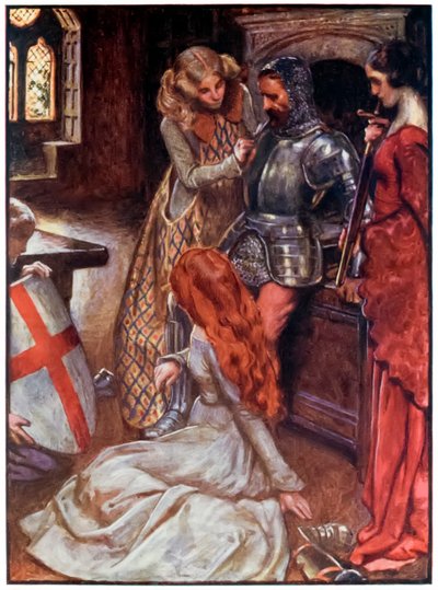 Christian bevæbnet fra The Pilgrims Progress From This World, To That What Is To Come af John Bunyan (1628-1688) Illustration af Byam Shaw (1872-1919), Christian i våbenhuset på Palace Beautiful b af John Byam Liston Shaw