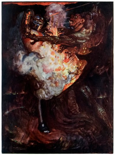 Christian slås med Apollyon fra The Pilgrims Progress From This World, To That Who Is To Come af John Bunyan (1628-1688) Illustration af Byam Shaw (1872-1919) der viser kristne kæmper mod Apollyon af John Byam Liston Shaw