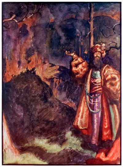 Demas fra The Pilgrims Progress From This World, To That What Is To Come af John Bunyan (1628-1688) Illustration af Byam Shaw (1872-1919), der viser Demas, der inviterer pilgrimmene til at arbejde i sølvminen af John Byam Liston Shaw