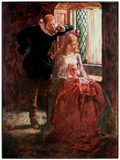 Mr Brisk and Mercy from The Pilgrims Progress From This World, To That That That What Is To Come af John Bunyan (1628-1688) Illustration af Byam Shaw (1872-1919), Mr. Brisk bejler til barmhjertighed, indtil han opdager hende i af John Byam Liston Shaw