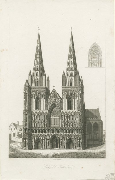 Lichfield Cathedral - West Front: gravering og [?begyndelsen af det 19. århundrede] (tryk) af John Byrne