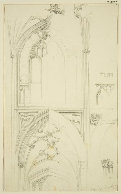 Detaljer om Clerestory Window Tracery og Vaulting of the Aisle nedenfor, i St Mary Redcliffe (blyant og akvarel på papir) af John Carter
