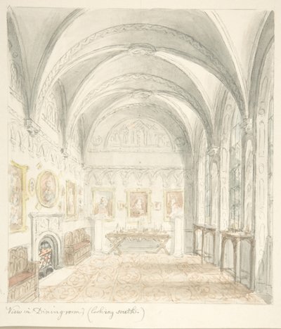 Lea Castle, Worcestershire, spisestue med udsigt mod syd, ca. 1816. af John Carter.