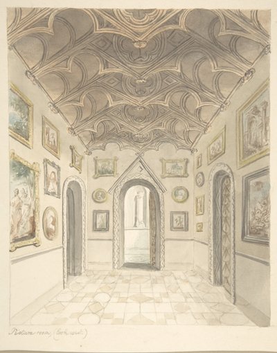 Lea Castle, Worcestershire, Billedværelse, Looking West, ca. 1816. af John Carter.