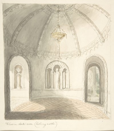 Lea Castle, Worcestershire, Udsigt i Ante-room, Looking North, ca. 1816. af John Carter.