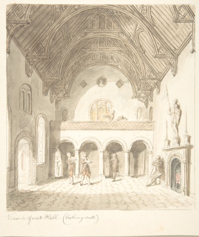 Lea Castle, Worcestershire, Udsigt i Great Hall, Looking West, ca. 1816. af John Carter.