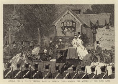 General Sir E. Woods velkomst i Belhus, Essex, med oplæsning af talen ved parkens porte af John Charles Dollman