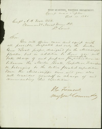 Brev underskrevet J.C. Fremont, generalmajor, øverstkommanderende, vestlige afdeling, lejr nær Tipton, til kaptajn A.H. Foote, U.S.N. Kommanderende flådestyrker H.D., St. Louis, 11. oktober 1861 af John Charles Frémont