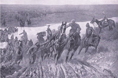 Artilleri på vej over Caledon ved Karreepoort Drift, illustration fra Efter Pretoria: Guerillakrigen, 1902 af John Charlton
