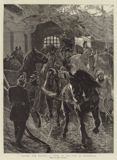 Redning af hestene, en scene ved branden i Southwark af John Charlton