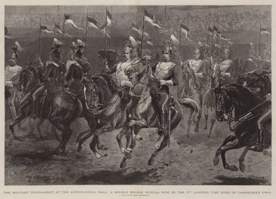 Militærturnering i Agricultural Hall, en dobbelt dobbelt dobbelt musikalsk ridt af 17th Lancers, Duke of Cambridge