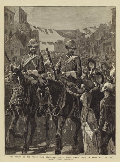 Troppernes tilbagevenden fra Egypten, Royal Horse Guards (blå) på vej til Albany Street Barracks af John Charlton