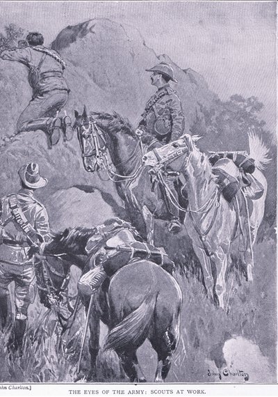 Hærens øjne, spejdere på arbejde, fra After Pretoria: The Guerilla War udgivet af Harmsworth Bros Limited, 1901 af John Charlton