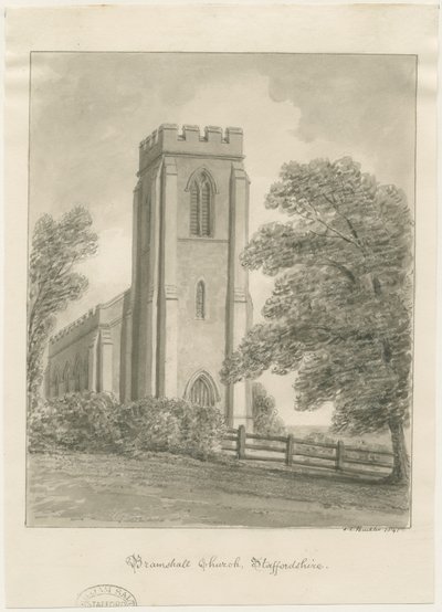 Bramshall Kirke: sepia tegning af John Chessell Buckler
