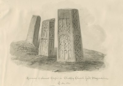 Checkley Church - Ancient Crosses: sepia tegning af John Chessell Buckler