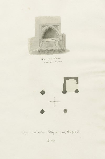 Dieulacres Abbey: sepia tegning af John Chessell Buckler