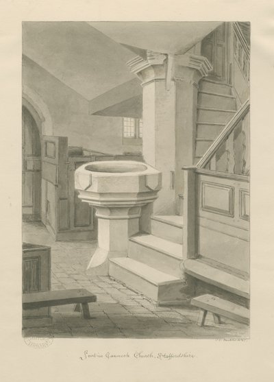 Skrifttype i Cannock Church: sepia-tegning, 1841 af John Chessell Buckler