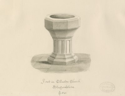 Skrifttype i Ellastone Church: sepia tegning af John Chessell Buckler