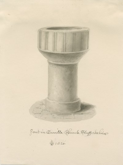 Font i Enville Church: sepia-tegning, 1820 af John Chessell Buckler