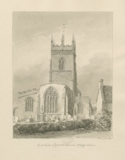 Gnosall Kirke: sepia tegning af John Chessell Buckler