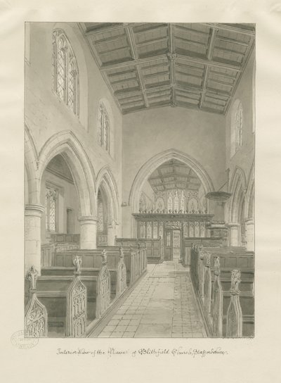 Interiør af Blithfield Church: sepia tegning, 1824 af John Chessell Buckler