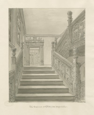 Interiør af Blithfield Hall: sepia tegning af John Chessell Buckler