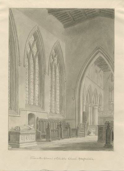 Interiør af Checkley Church: sepia-tegning, 1841 af John Chessell Buckler