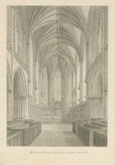 Interiør af Lichfield Cathedral - Choir and Lady Chapel: sepia tegning af John Chessell Buckler