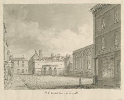 Lichfield - Market House: sepia tegning af John Chessell Buckler