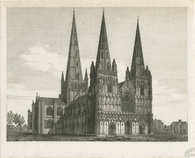 Lichfield Cathedral - West Front: gravering og [begyndelsen af det 19. århundrede] (tryk) af John Chessell Buckler