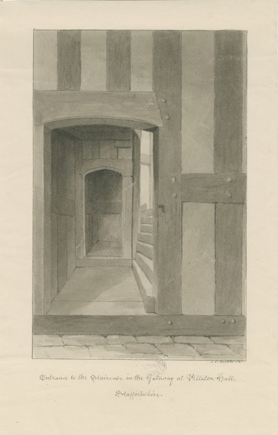 Pillaton Hall - Interiør af Gatehouse: sepia tegning af John Chessell Buckler