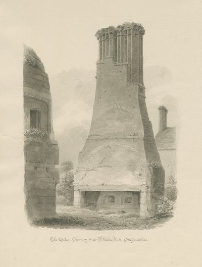 Pillaton Hall - Køkkenskorsten: sepia tegning af John Chessell Buckler