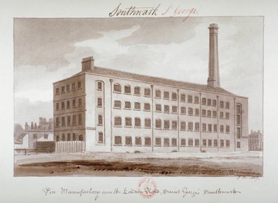 Pinfabrikk nær London Road, Southwark, London, 1827 af John Chessell Buckler