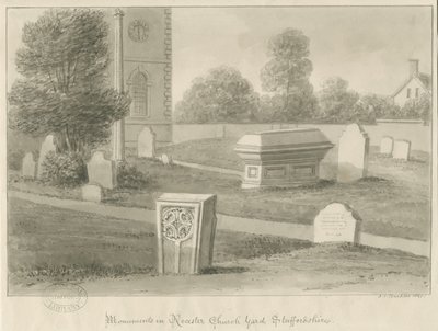 Rocester Church - Monumenter og kirkegård: sepia tegning af John Chessell Buckler