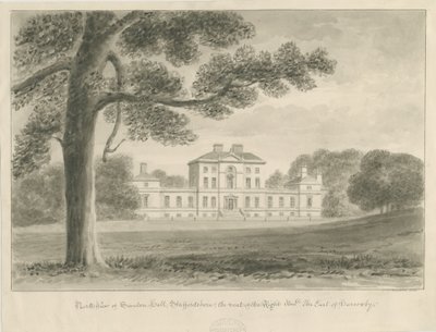 Sandon Hall: sepia vask tegning af John Chessell Buckler