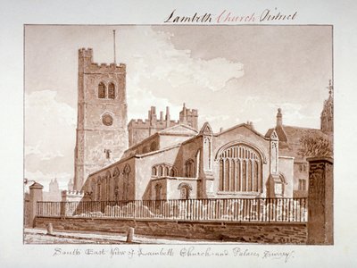 Sydøst udsigt over Church of St Mary, Lambeth, London, 1828. af John Chessell Buckler