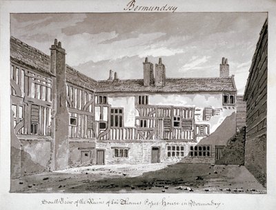 Sydlig udsigt over resterne af Thomas Popes hus, Mill Lane, Bermondsey, London, 1808. af John Chessell Buckler