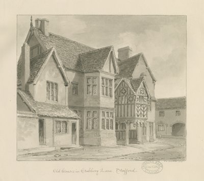 Stafford - Old Houses in Crabbery Lane: sepia drawing, 1841dani af John Chessell Buckler