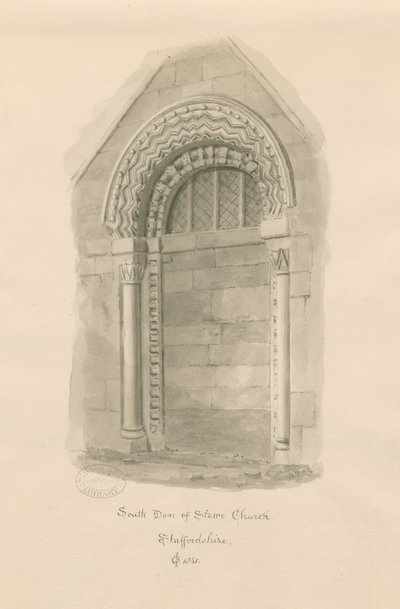 Stowe Church - South Door: sepia tegning af John Chessell Buckler