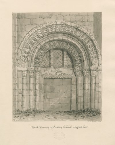 Tutbury Priory Church - South Doorway: sepia wash drawing, 1812dani af John Chessell Buckler