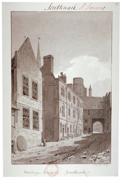Udsigt mod porten til Montague House, Southwark, London, 1827 af John Chessell Buckler