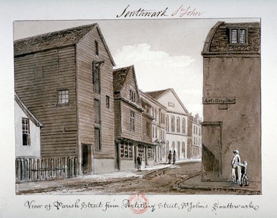 Udsigt over Parish Street og Artillery Street, Bermondsey, London, 1828 af John Chessell Buckler